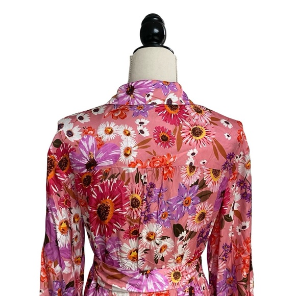 Rachel Parcell Pink Floral Shirt Dress Belted Tiered Ruffle Hem Long Sleeve 6 - Picture 12 of 16